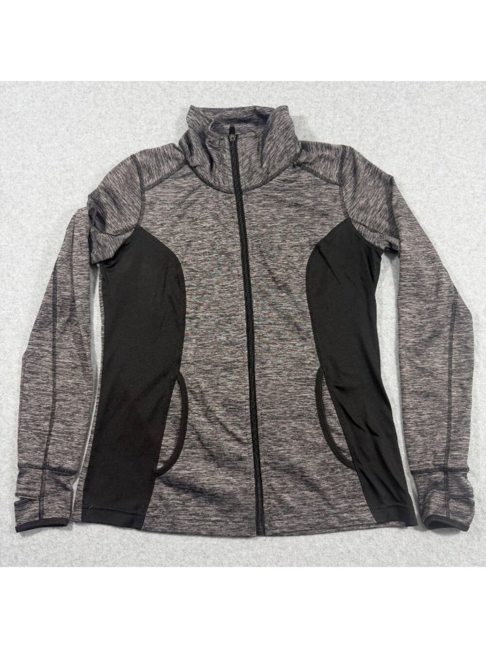 Womens Gray Black Full Zip Athletic Jacket Approx M Thumbhole Workout